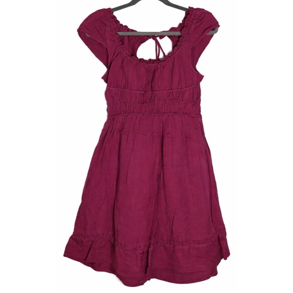 Anthropologie womens small boho dress linen cotton mauve purple ruched